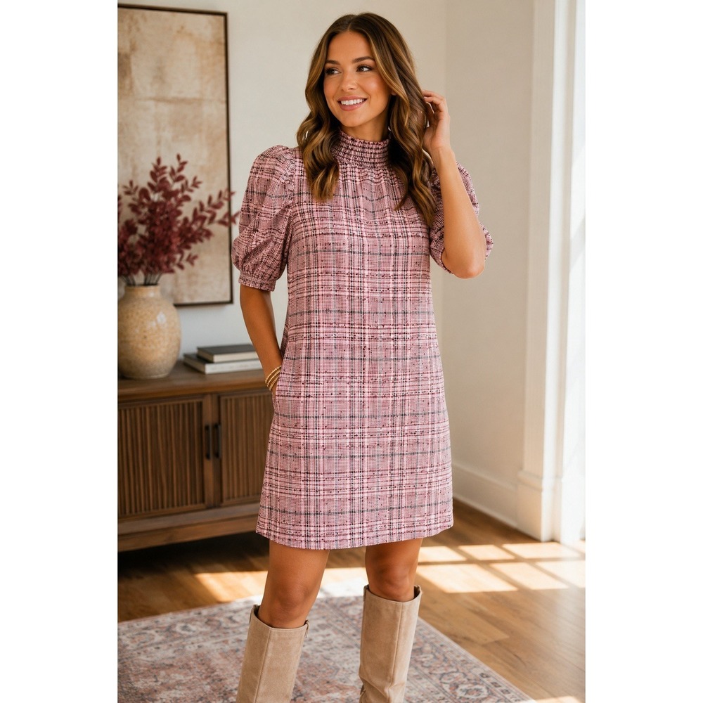 GB Women's Pink Plaid Puff Sleeve Shift Dress Smocked Neck Cottagecore Small